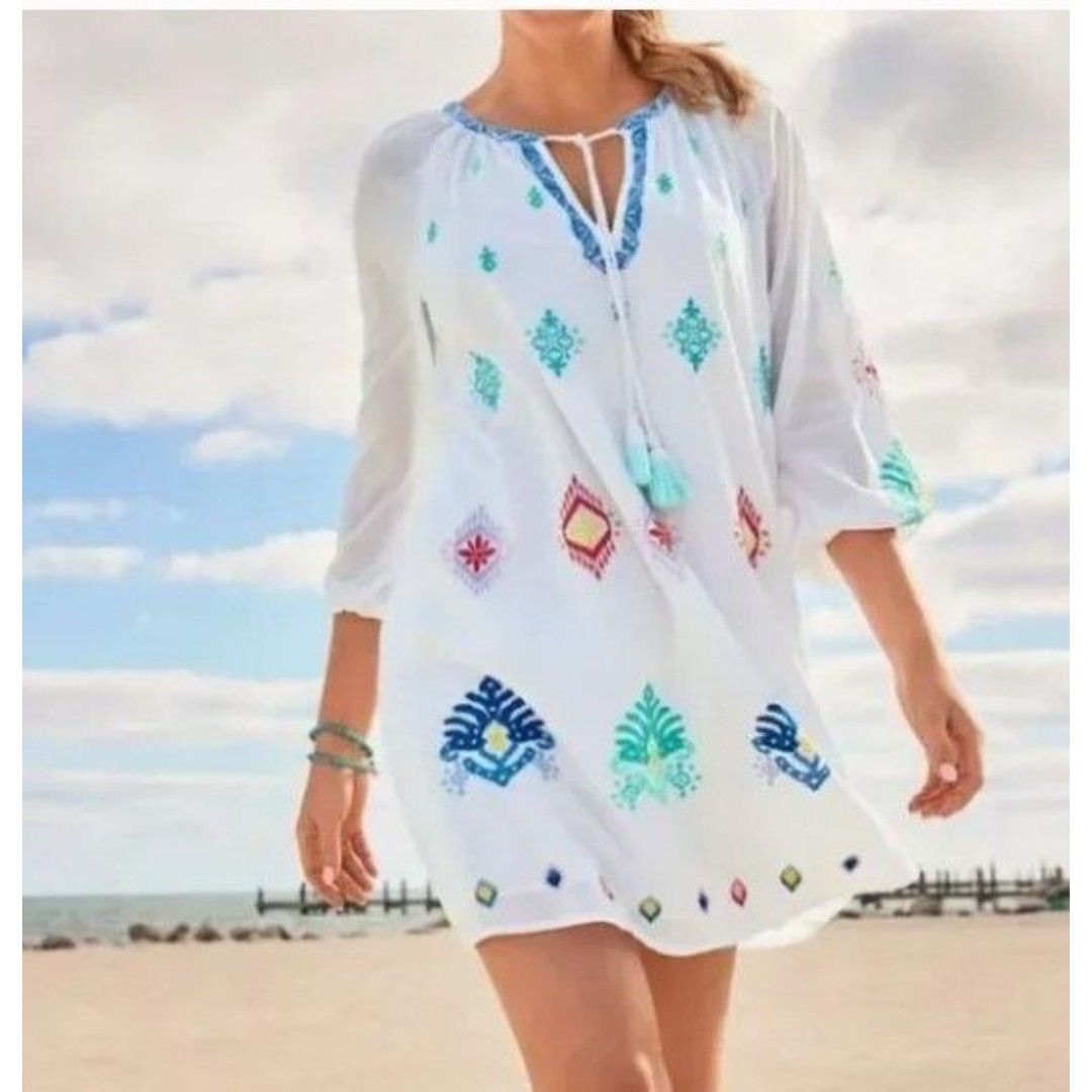 Tommy Bahama Dress Watercolor Ikat Split Neck Tiunic Swim Cover Up Size L
