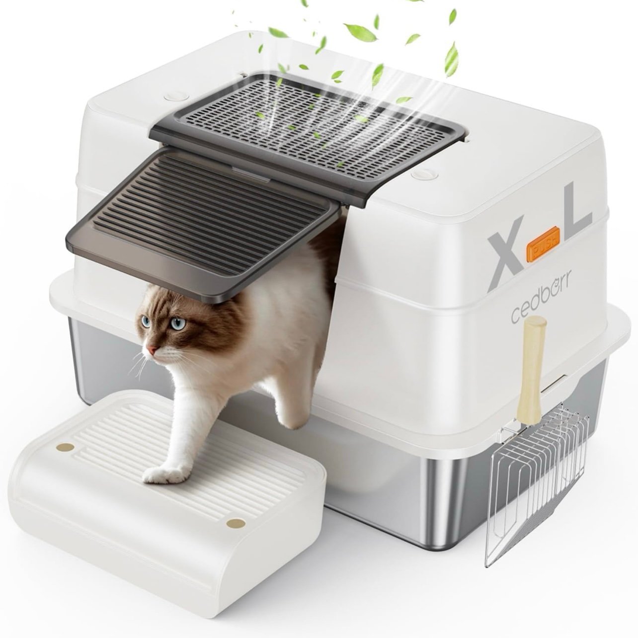 Stainless Steel Cat Litter Box with Lid - XL Enclosed & Open Top Design, Non-Sti