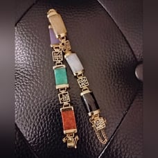 Multicolor 6 Gemstones Golden Accents Asian Heirogyphs Bracelet 7 3/4' Length