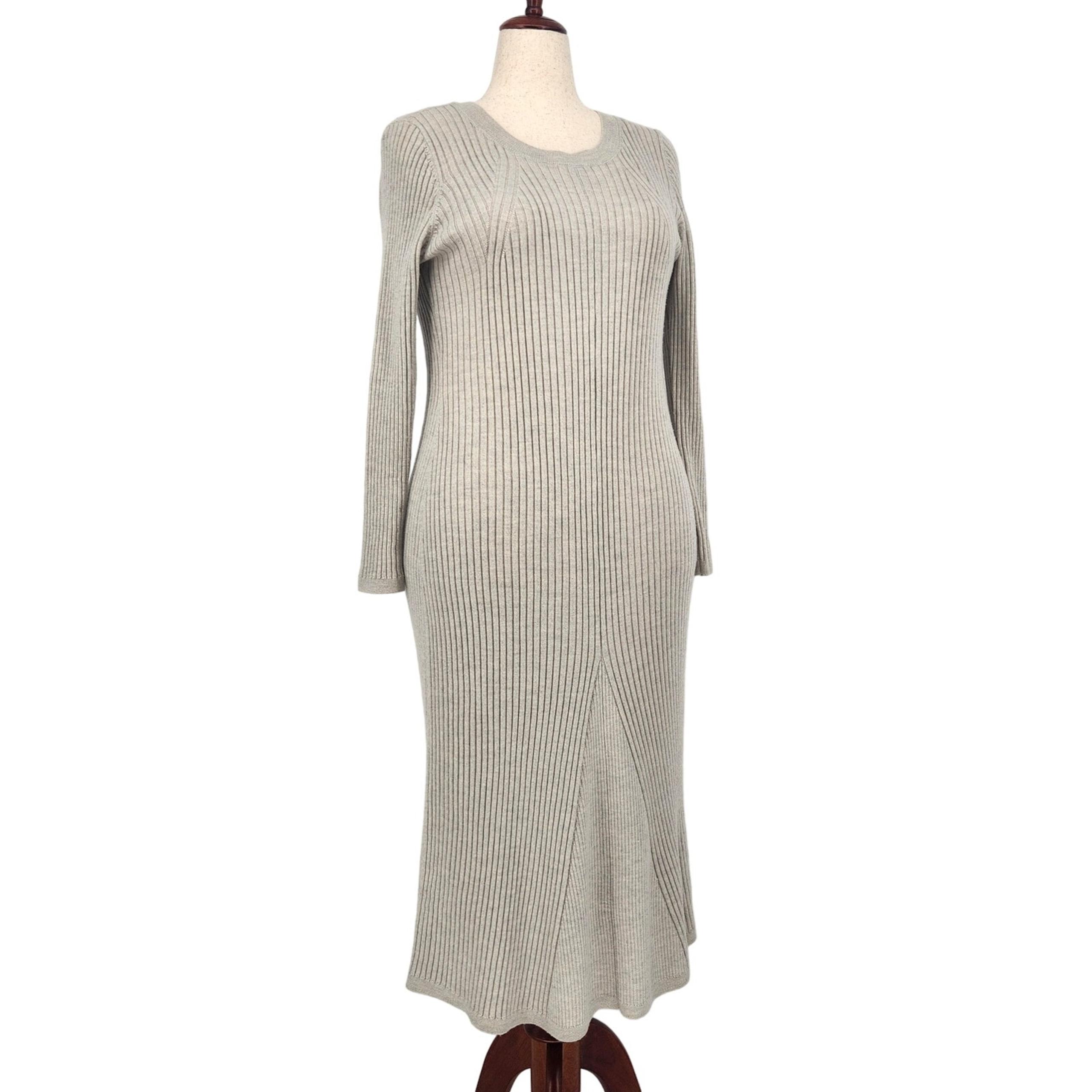 Club Monaco Women Grey Wool Slim Ribbed Knit Midi Casual Sweater Dress Size XL