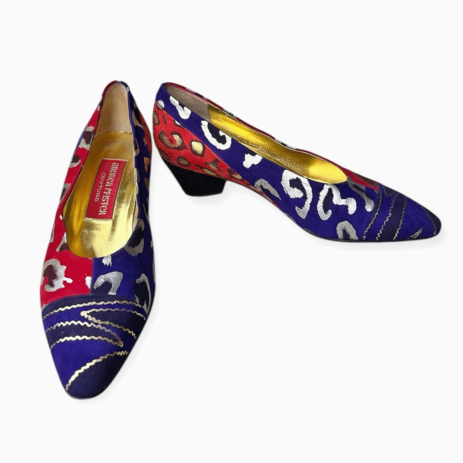 Vintage 80s Andrea Pfister Couture Red & Blue Leopard Print Suede Shoes, sz 7