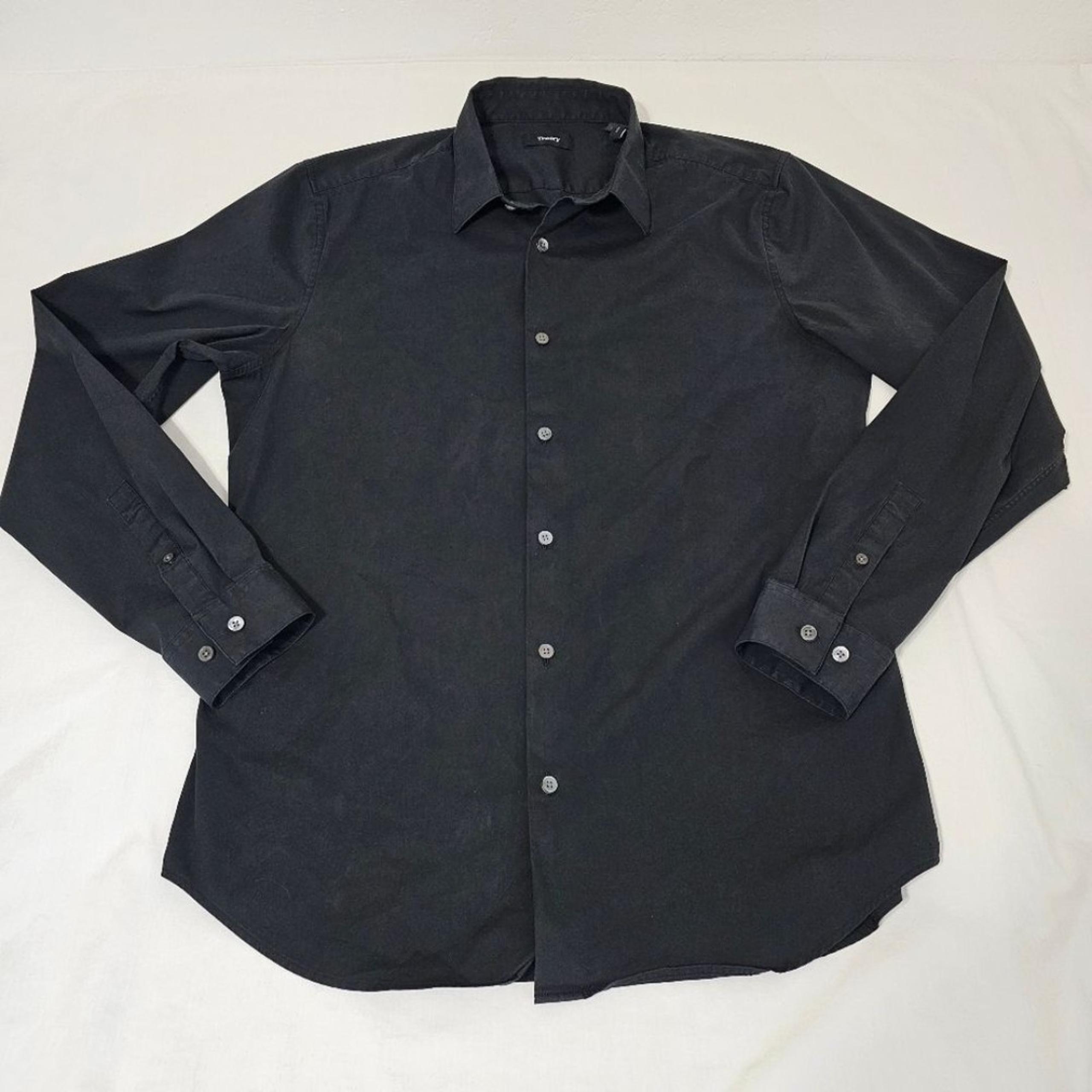 Theory Black Dress Shirt with Point Collar Men's Largr Polyester Cotton Blend