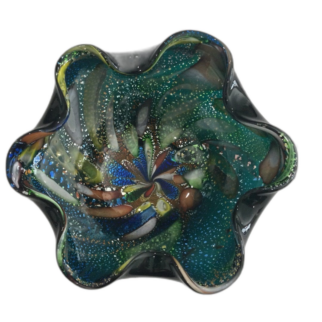 Vintage Tutti Frutti Art Glass Bowl / Ashtray. Black Rear Base.
