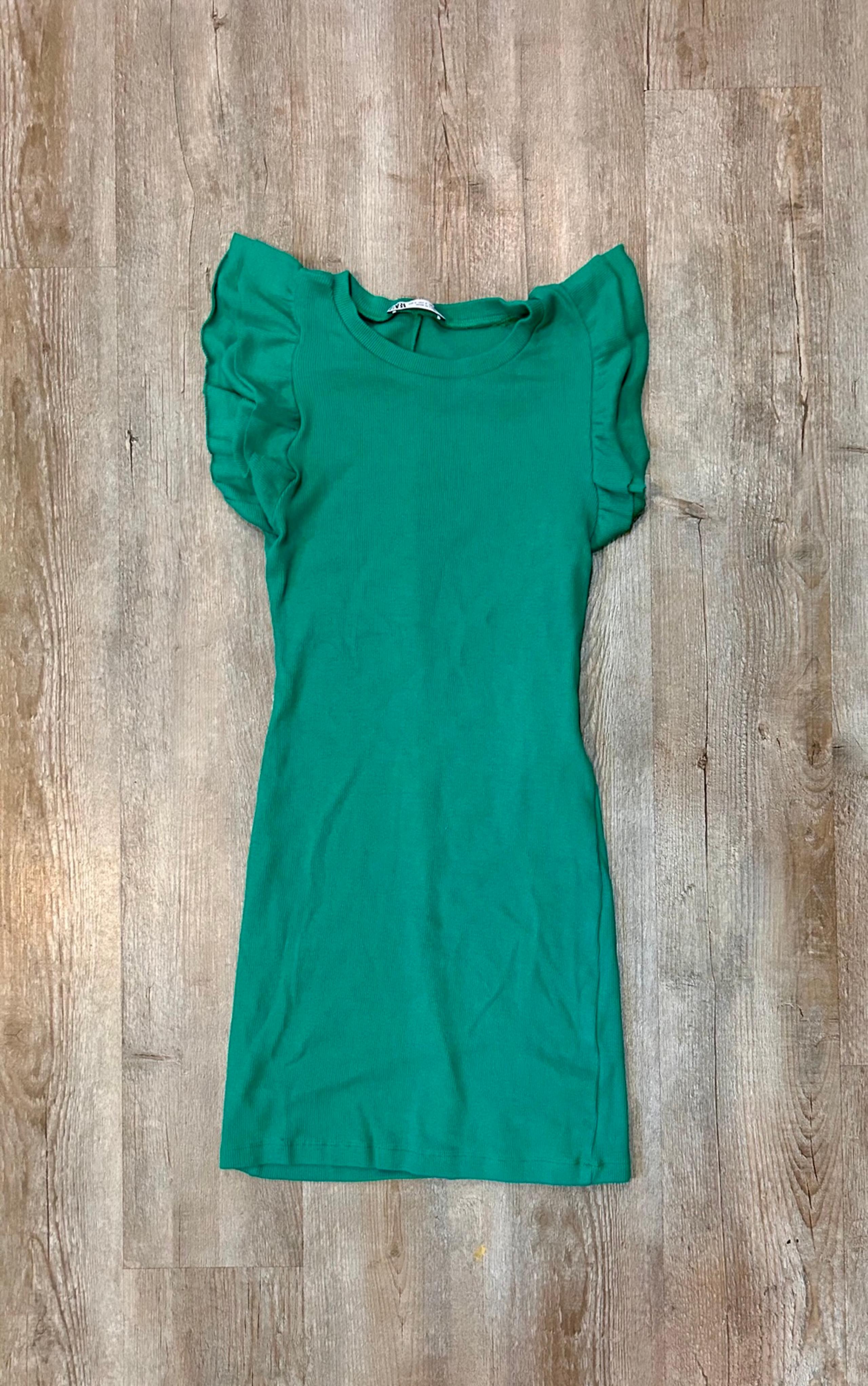 Zara Womens Ribbed Knit Midi Flutter Sleeve Tank Dress Green Cotton Size S