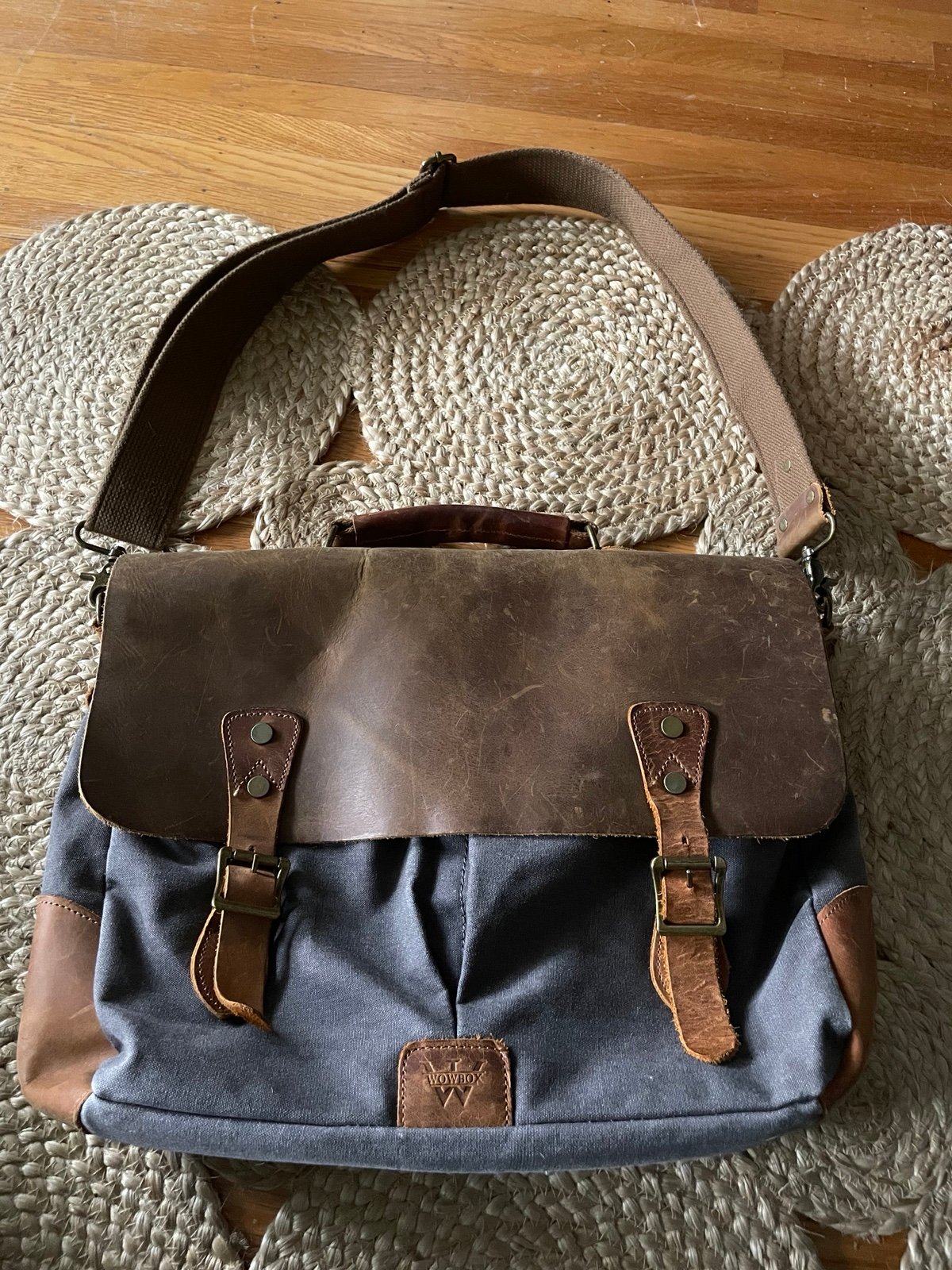 Canvas and Leather Laptop Messenger Crossbody Bag Grey/Brown