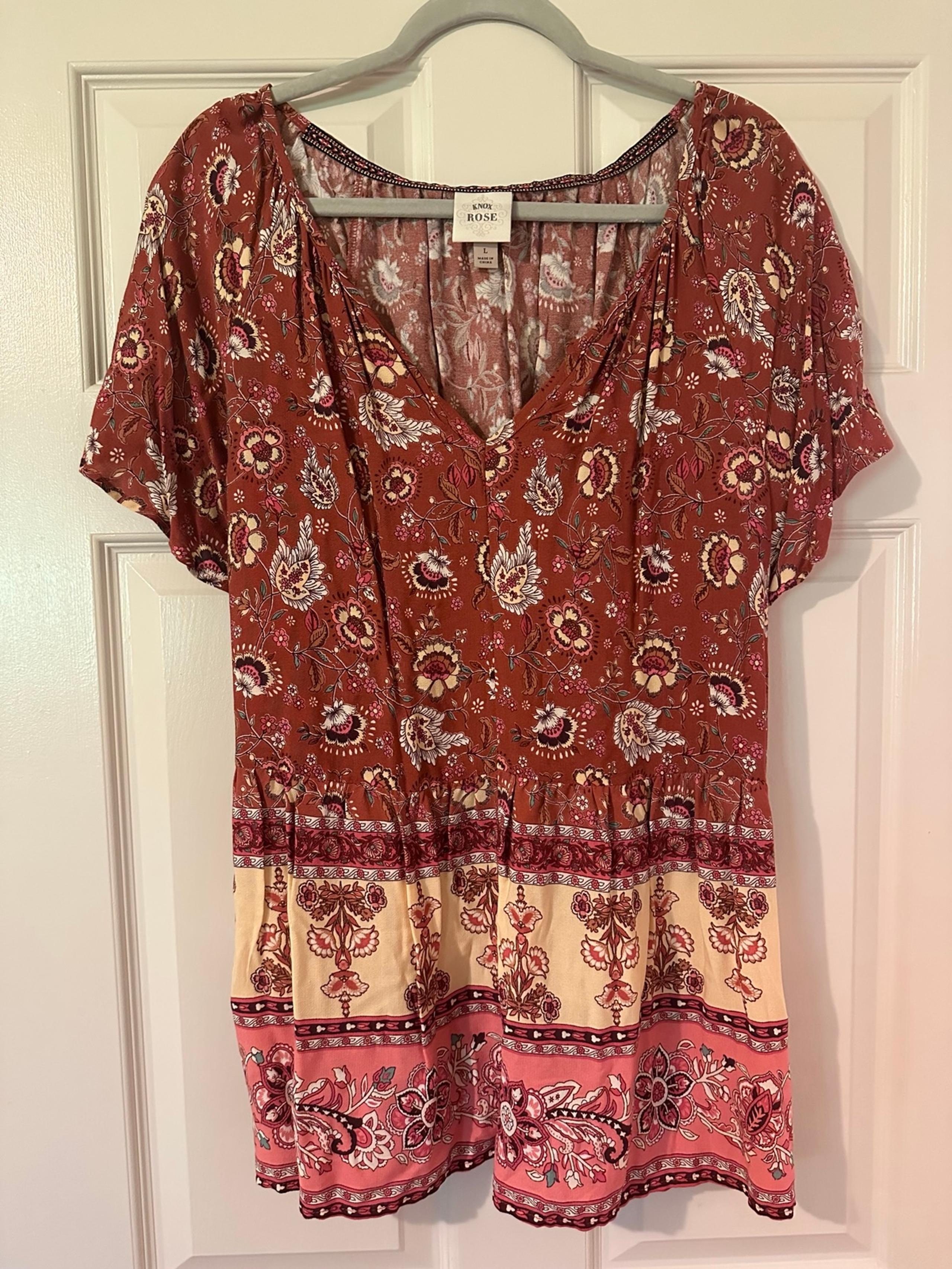 Knox Rose Floral Print Babydoll V-Neck Short Sleeve Women's Large Top