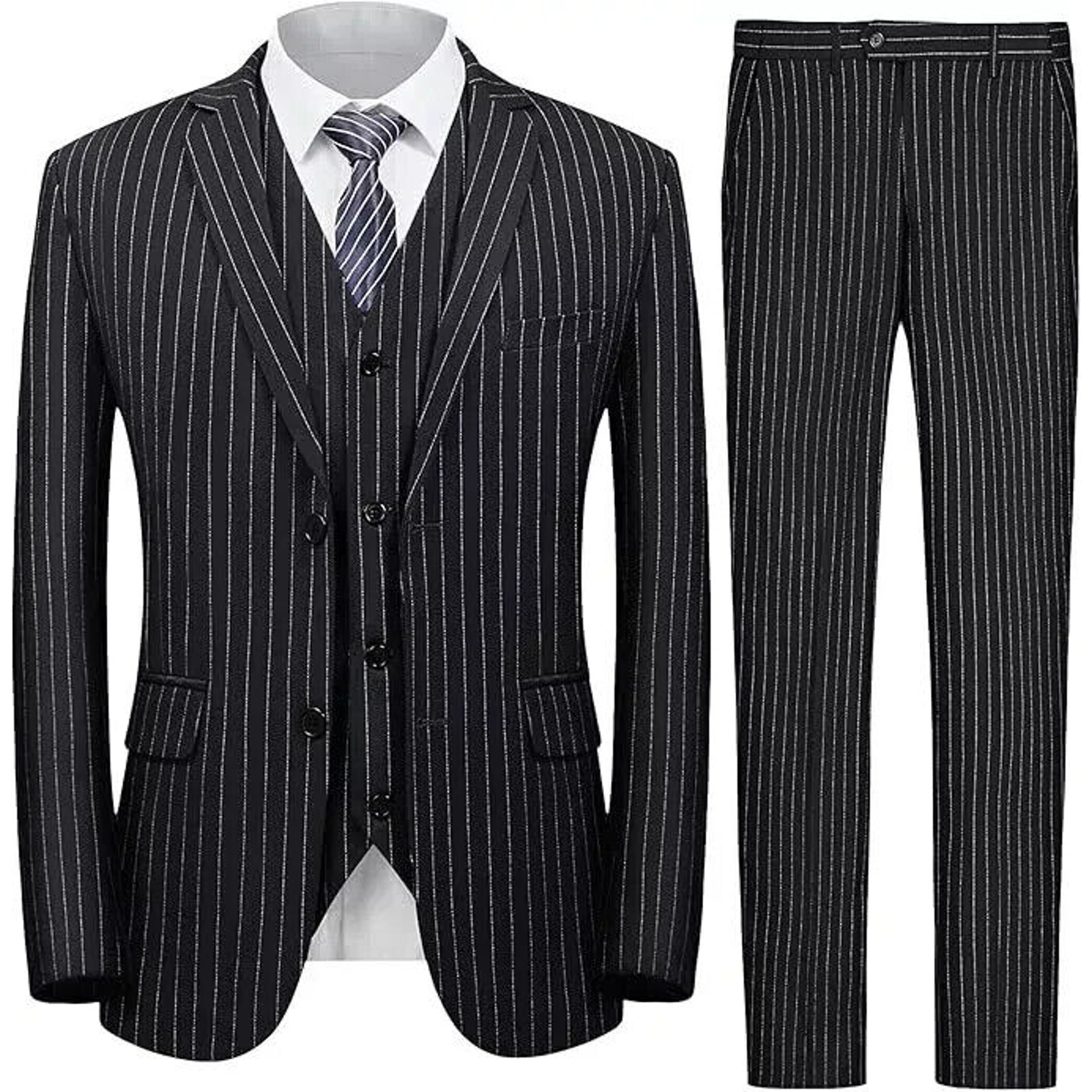 MOGU Men's Slim Fit Suit Pinstripe S 3 Piece 36R 32 W Notch Lapel 2 Button