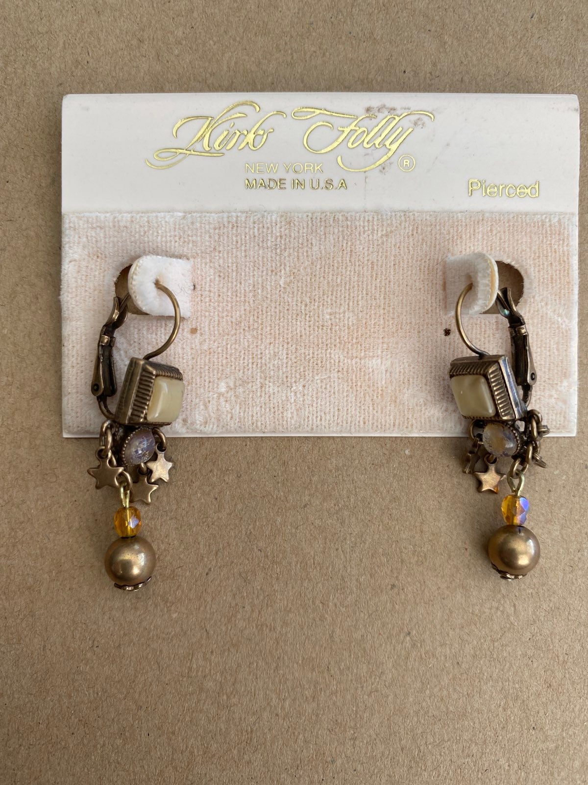 Kirks folly vintage bronze pearlescent square dangle stars lever back earrings n