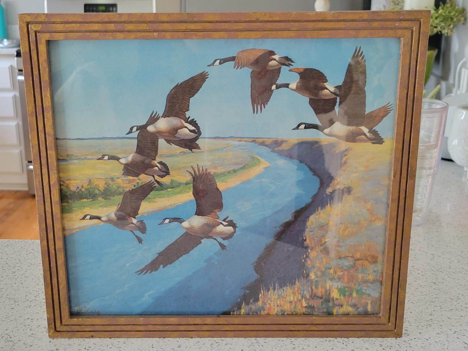 Signed Richard E Bishop Framed Watercolor Canadian Geese Print