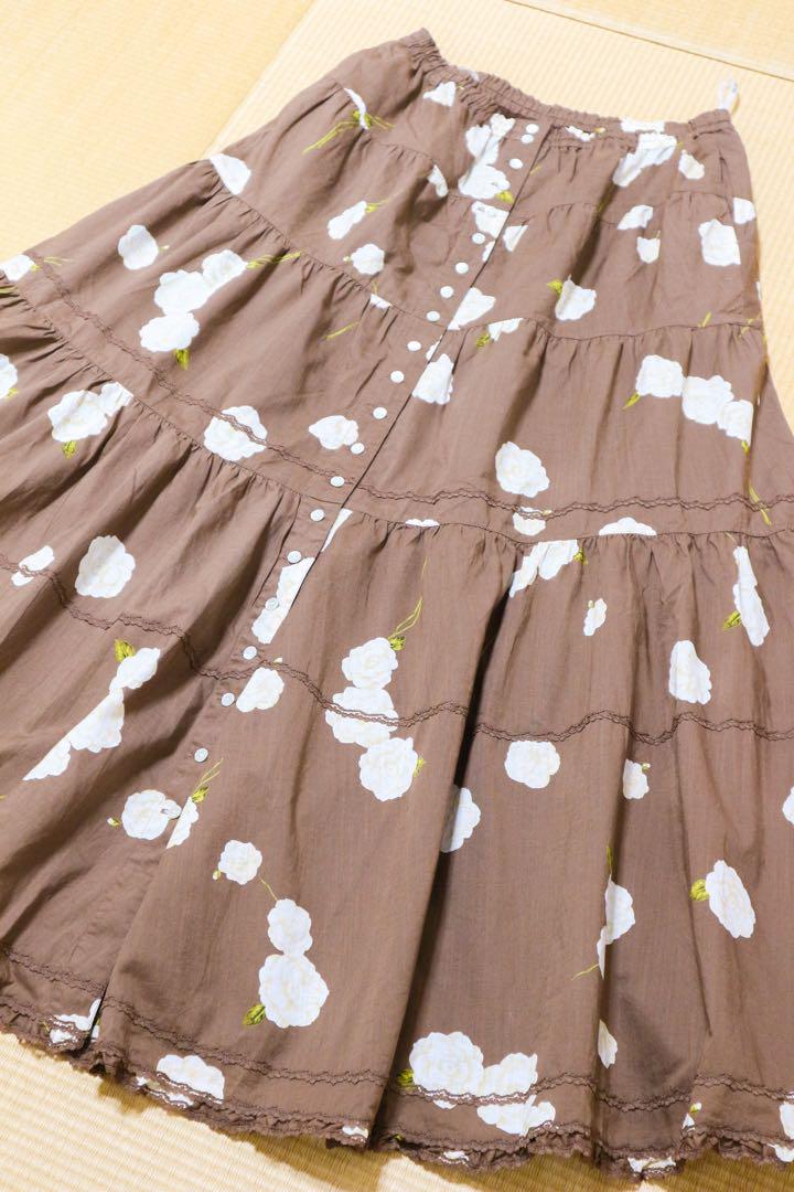 【Excellent Condition】 Rose Pattern Pico Frill Flare Volume Skirt 【INGEBORG】