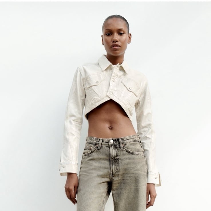 NWT Zara Woman Metallic Crop Denim Jacket White Silver Size S Small