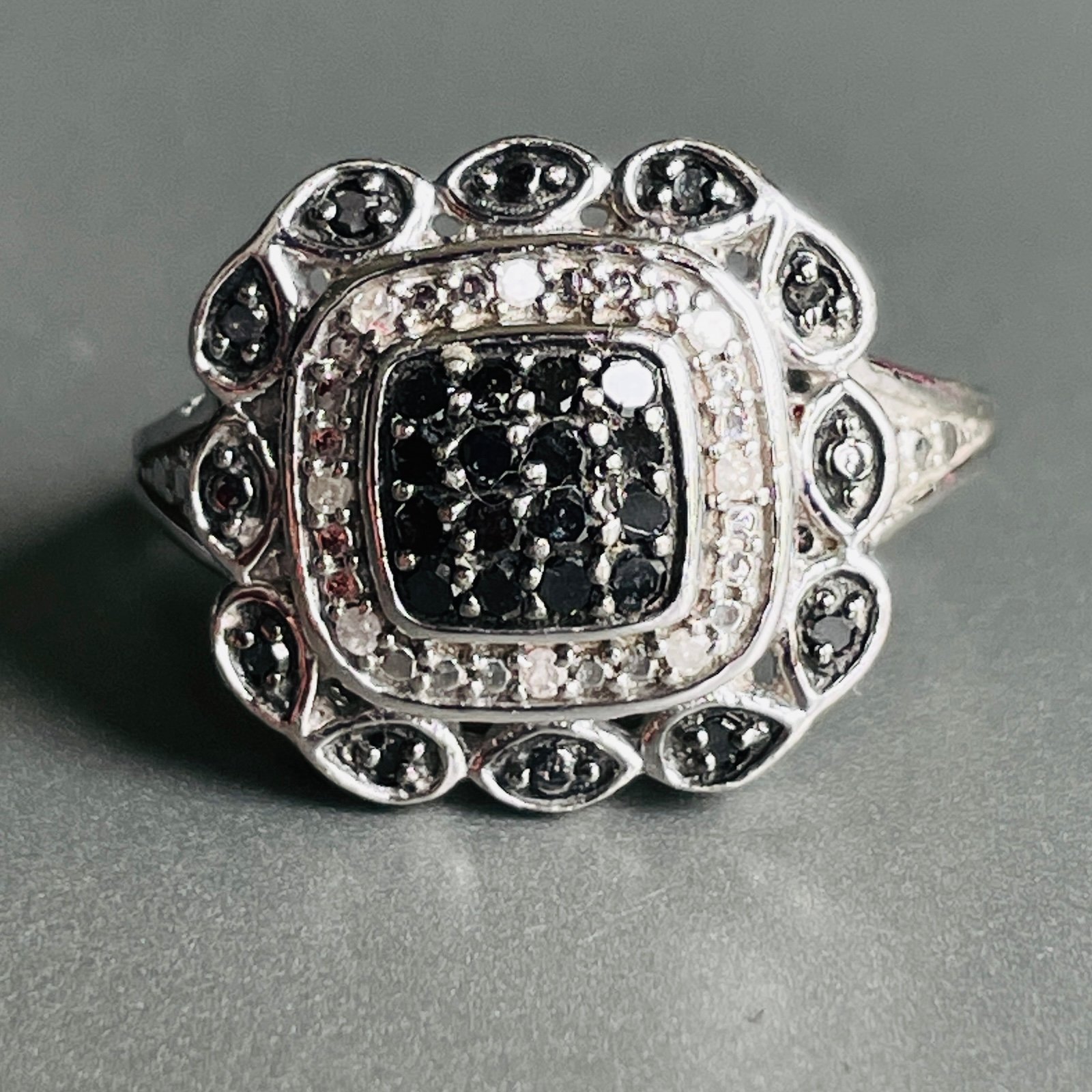 Genuine Black & White Diamond Pave Sterling Silver LJ Designer Cushion Form Ring