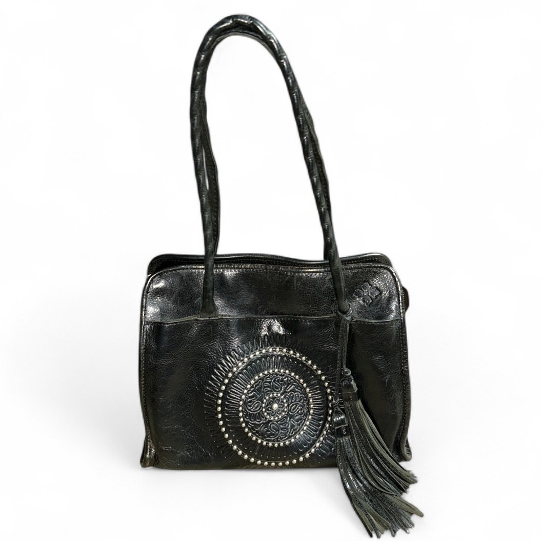 PATRICIA NASH Paris Tooled Italian Leather Tassel Studded Satchel Bag in Black