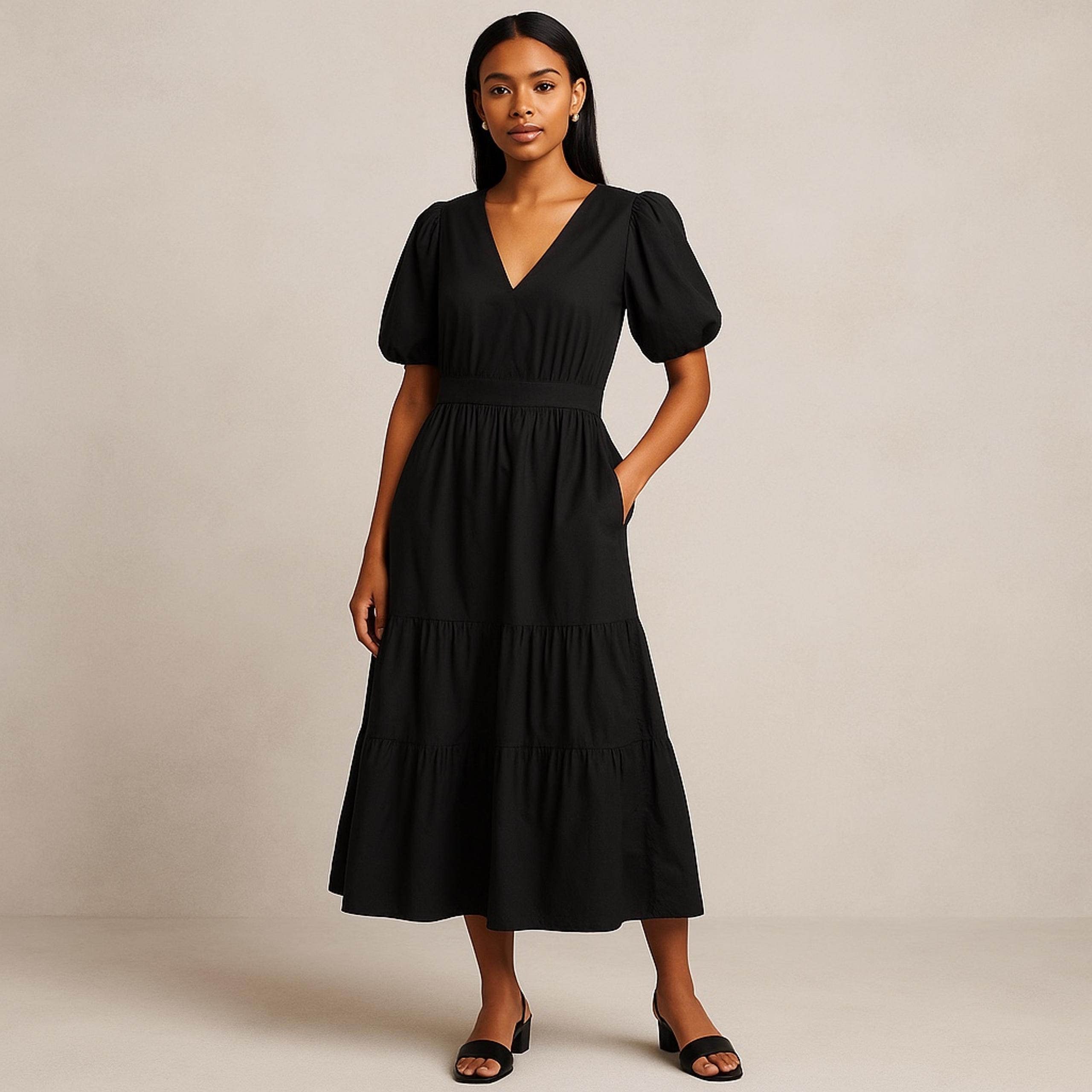 French Connection Black Midi Dress | Size M | NWT | Puff Sleeves + Pockets