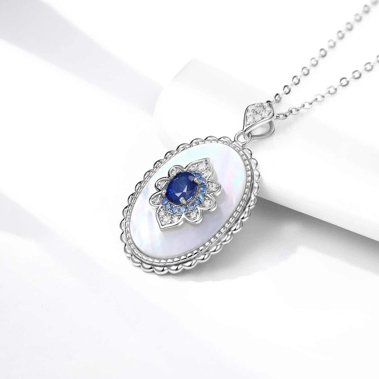 Natural Sapphire and Shell Pendant Necklace, Sapphire Pendant Sterling Silver