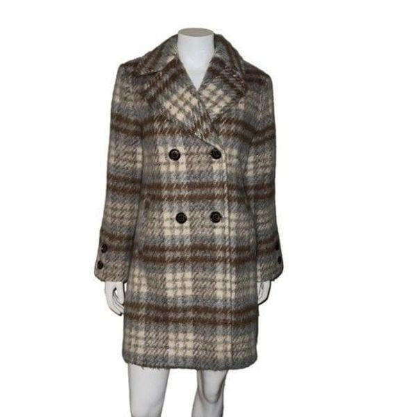 Sam Edelman Womens Plaid Double-Breasted Coat Wool Blend Camel Multicolor Sz 10