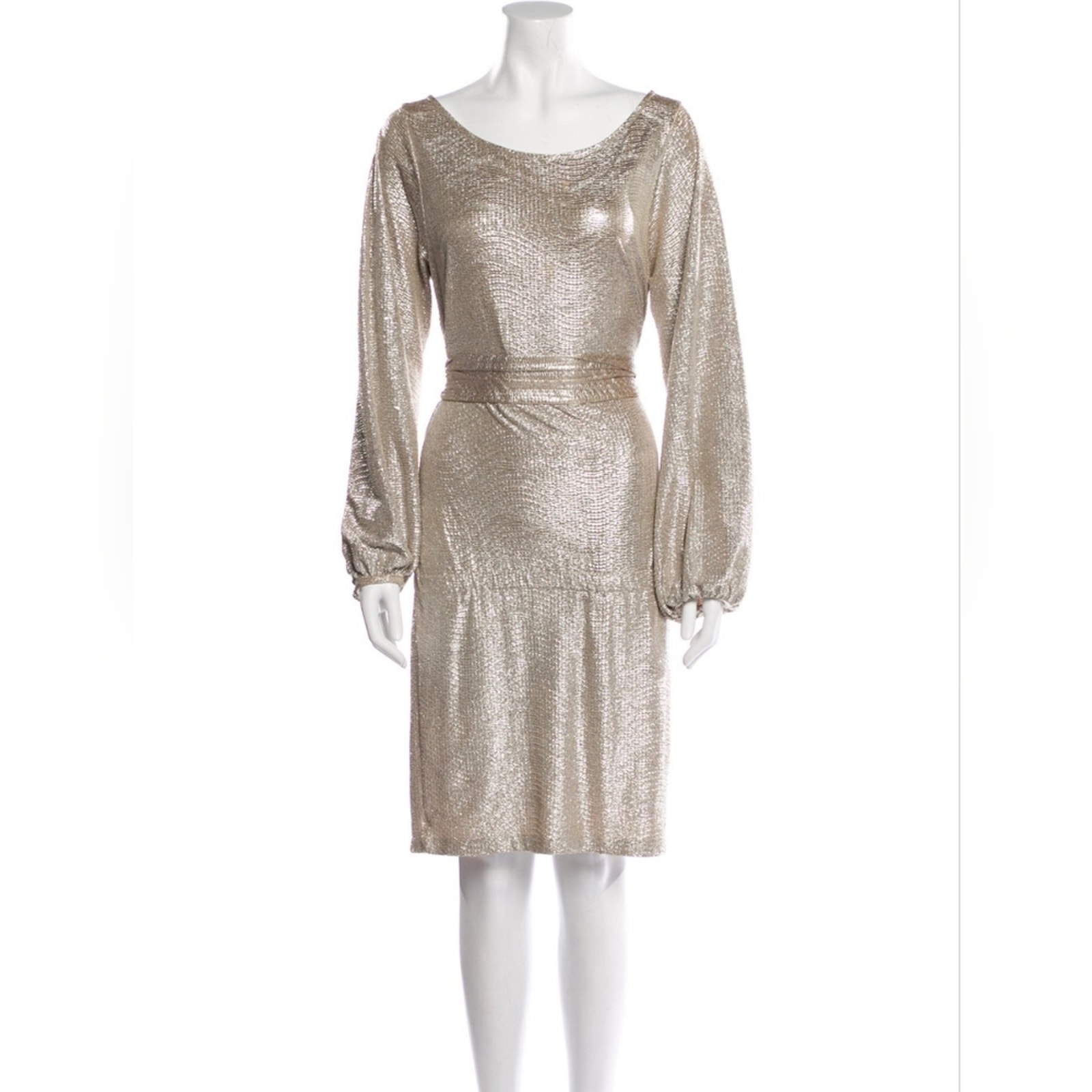 ALEXIS Evelyn Gold Metallic Bateau Neckline Knee-Length Dress
