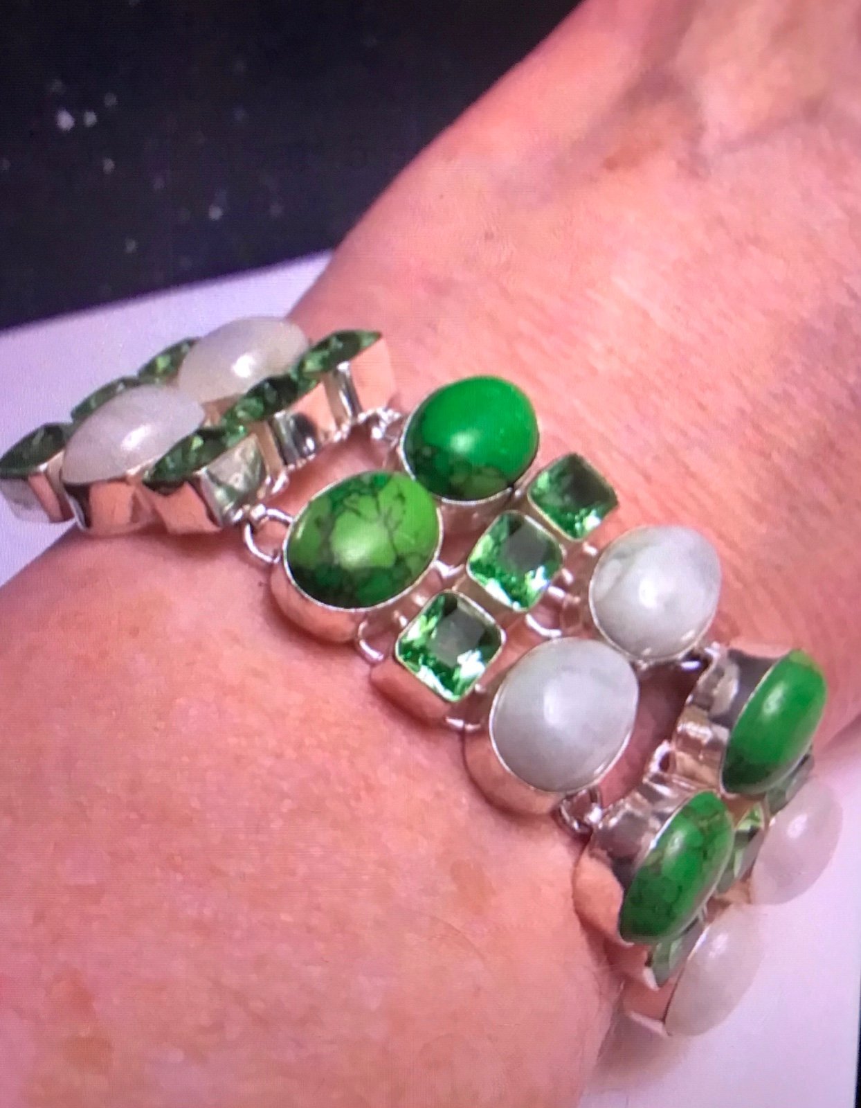 Green Turquoise Peridot Moonstone 925 Sterling Silver Bracelet