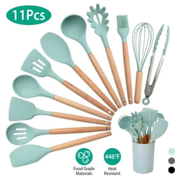 11Pcs Silicone Cooking Utensil Set Heat Resist Wooden Handle Silicone Spatula