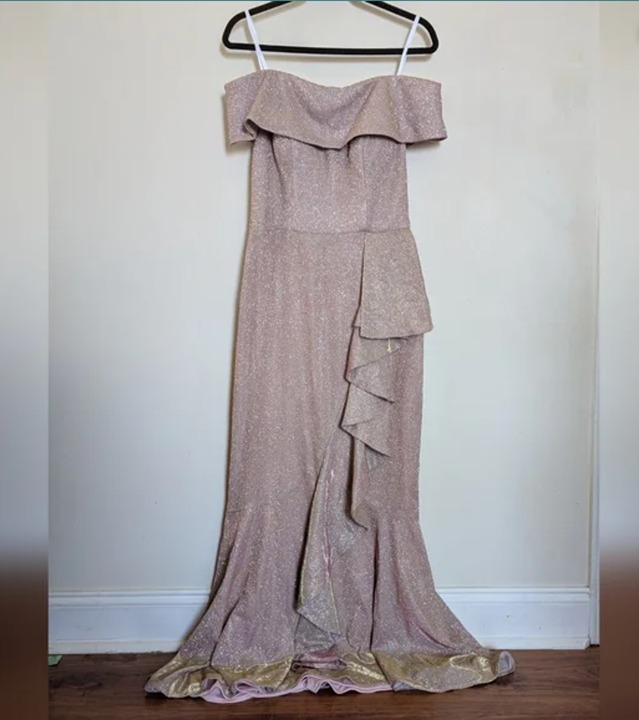 NEW Betsy & Adam Off The Shoulder Shimmer Gown Rose Gold Ruffle Women's Size 10