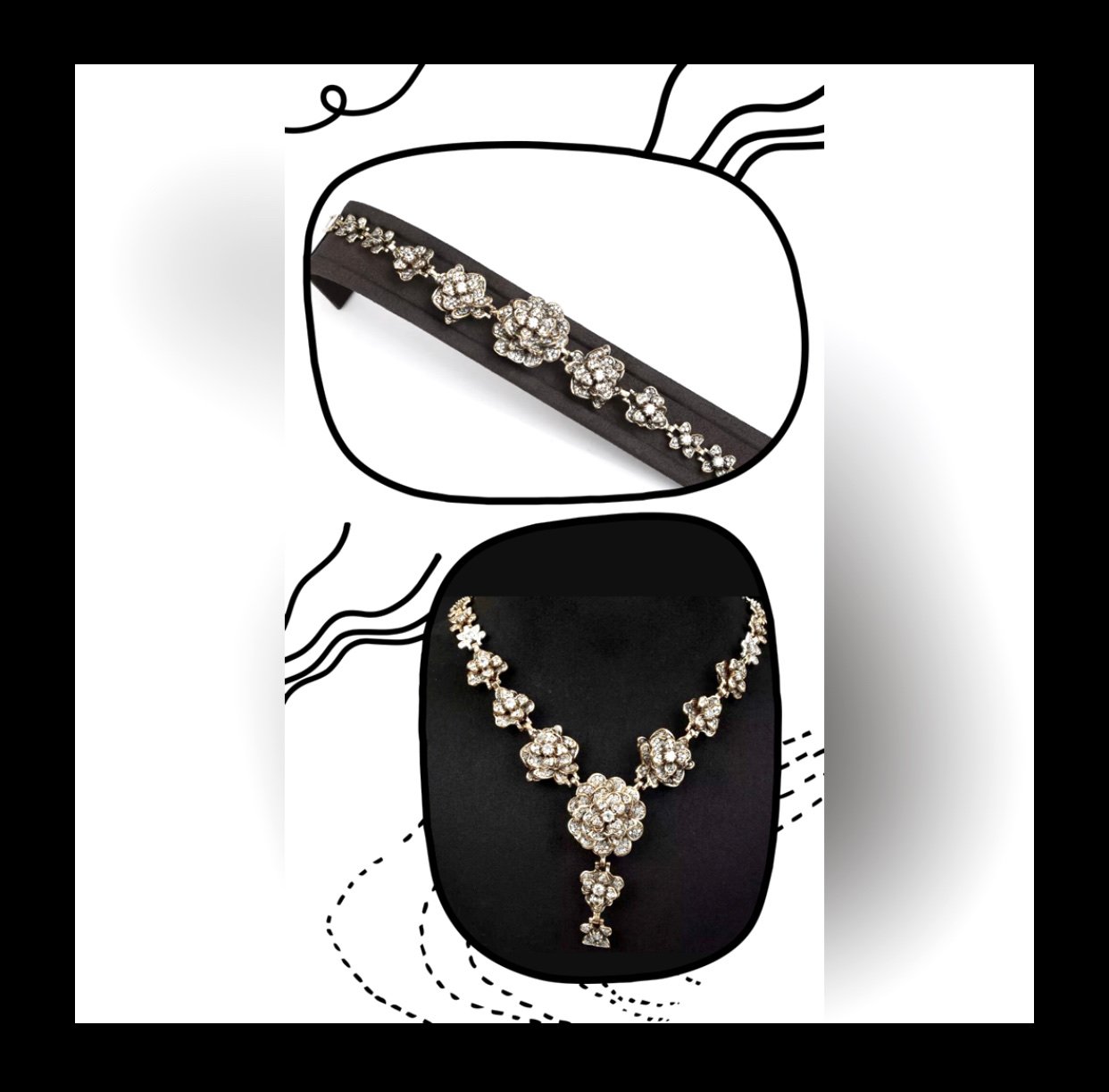 Crystal Necklace Bracelet Set Camellia Rose Flowers Silver & Bronze