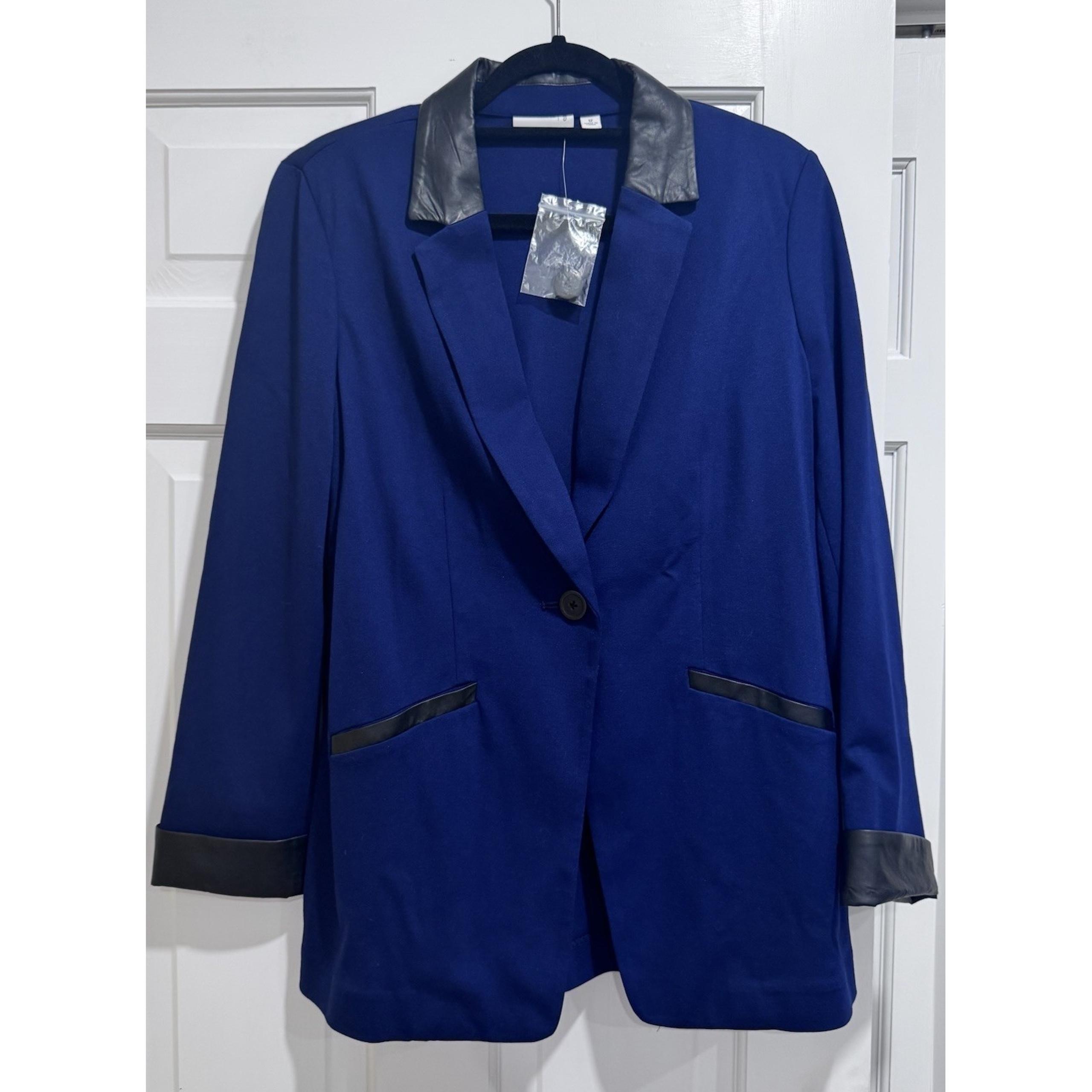 Women's Blue Susan Graver Ponte Jacket with Black Faux Leather Trim Size 12 NWT