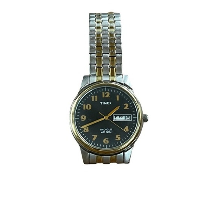 Timex Vintage Indiglo Men 30m‎ Dual Tone Steel Band Analog Quartz Watch Day Date