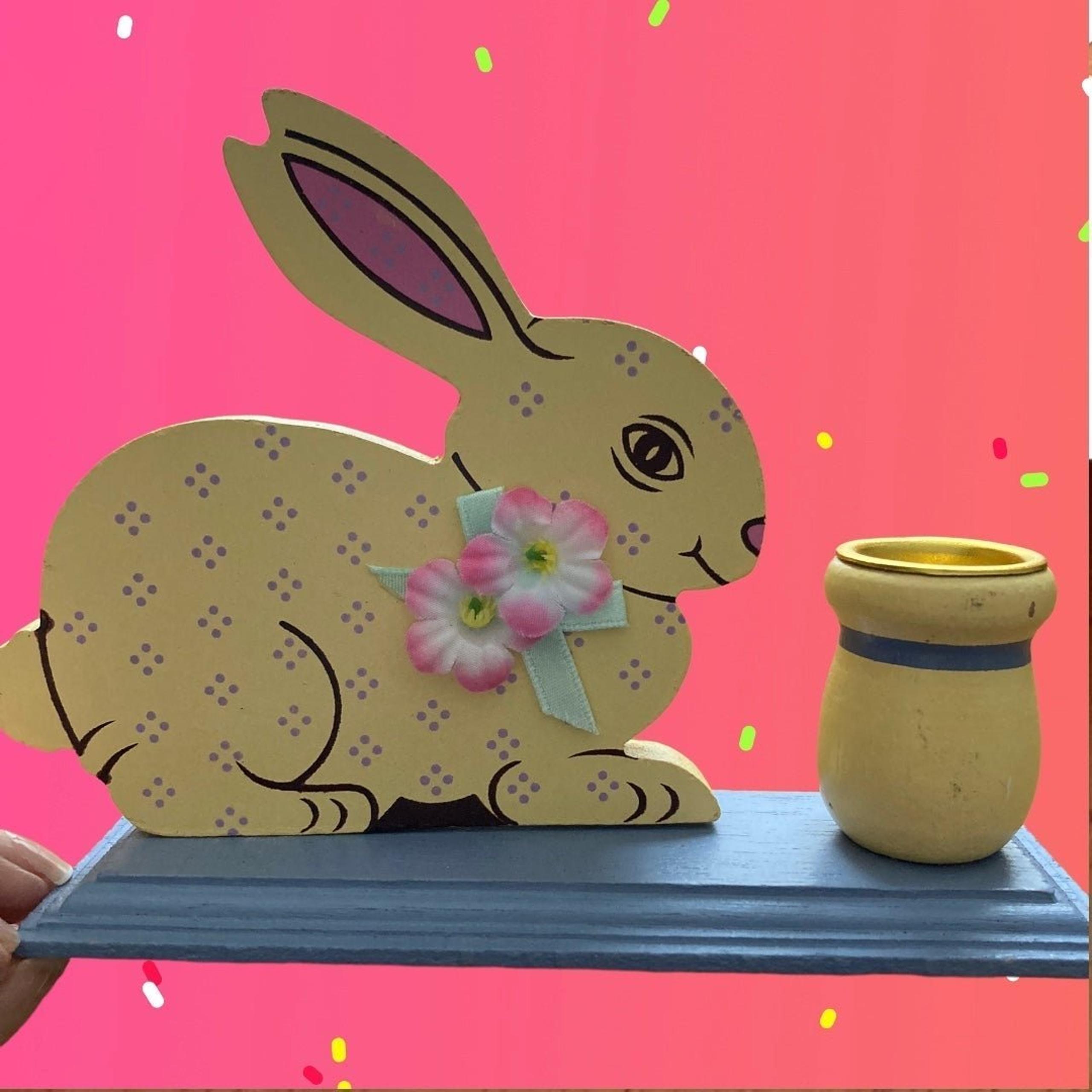 Set of two painted wooden bunny candle holders Easter