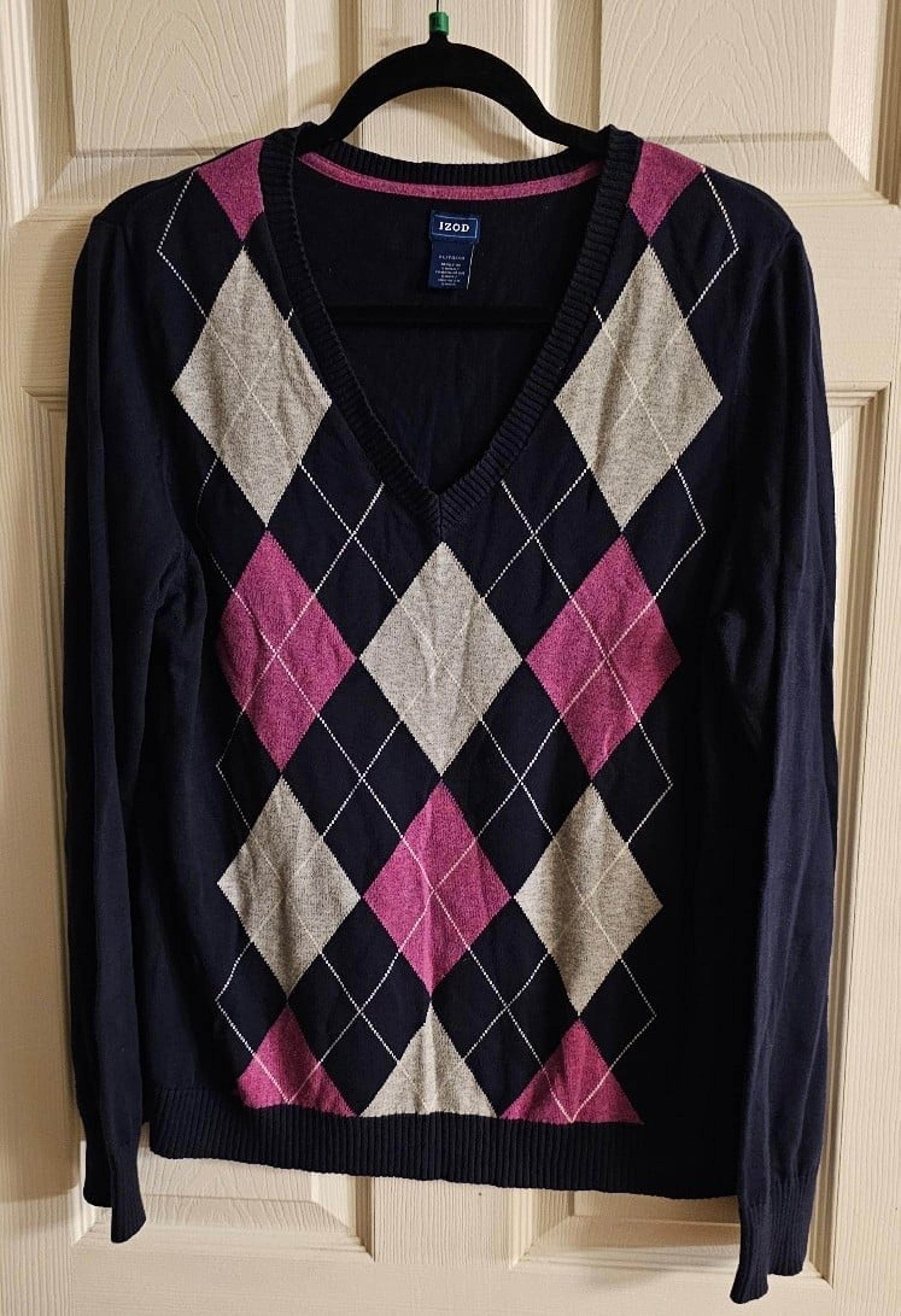 IZOD. Women's Argyle Sweater. Navy, Purple and Gray. Size XL.