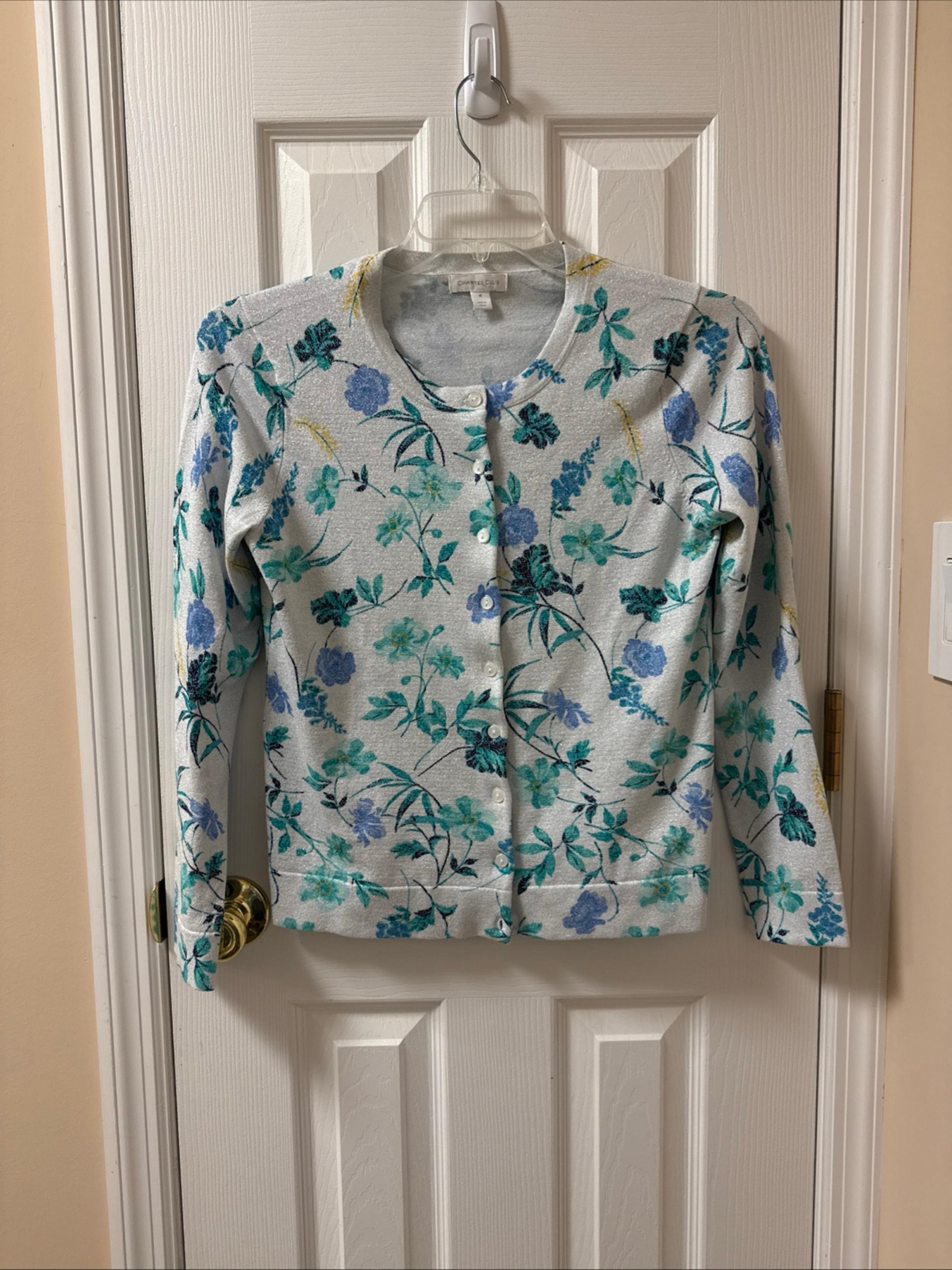 Charter Club Medium Cardigan Blue, Periwinkle, White & Silver Button Front