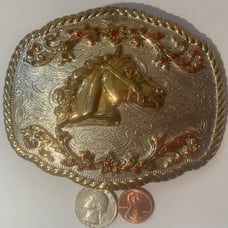 Vintage Metal Belt Buckle, Silver and Brass with Red Stones, Horse, Big Size