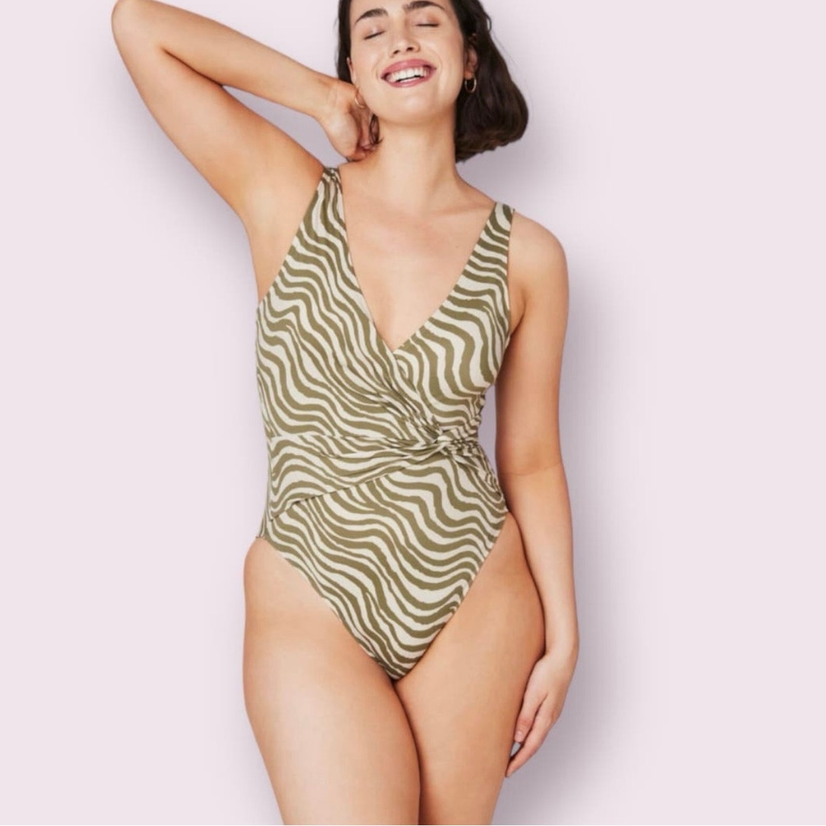 andie swim the capri one piece olive green and beige bias stripe women medium