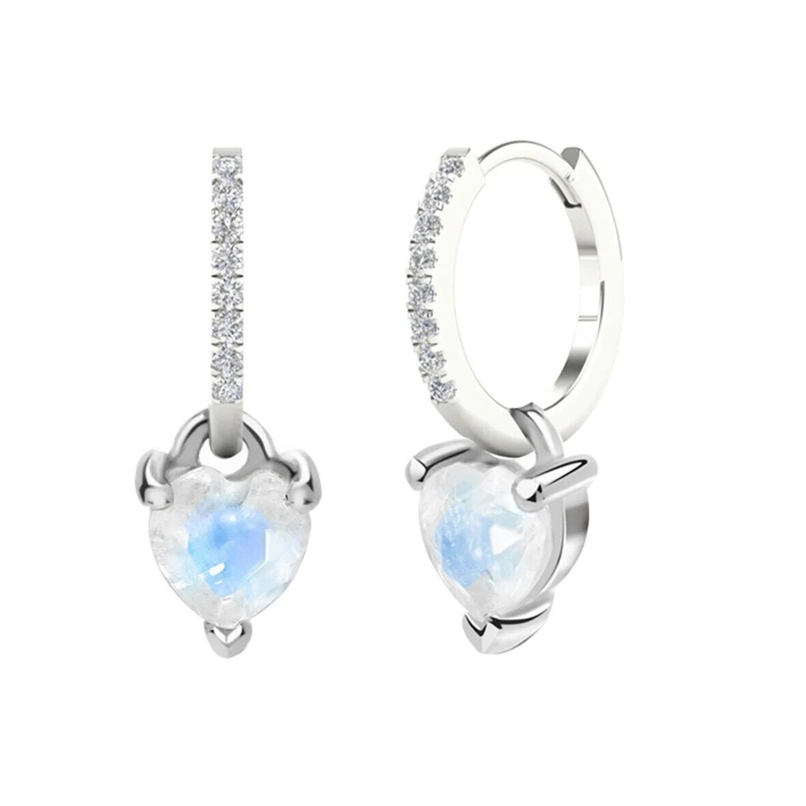 Natural Moonstone Heart Earrings, Moonstone Dangle Hoop Earrings 5mm