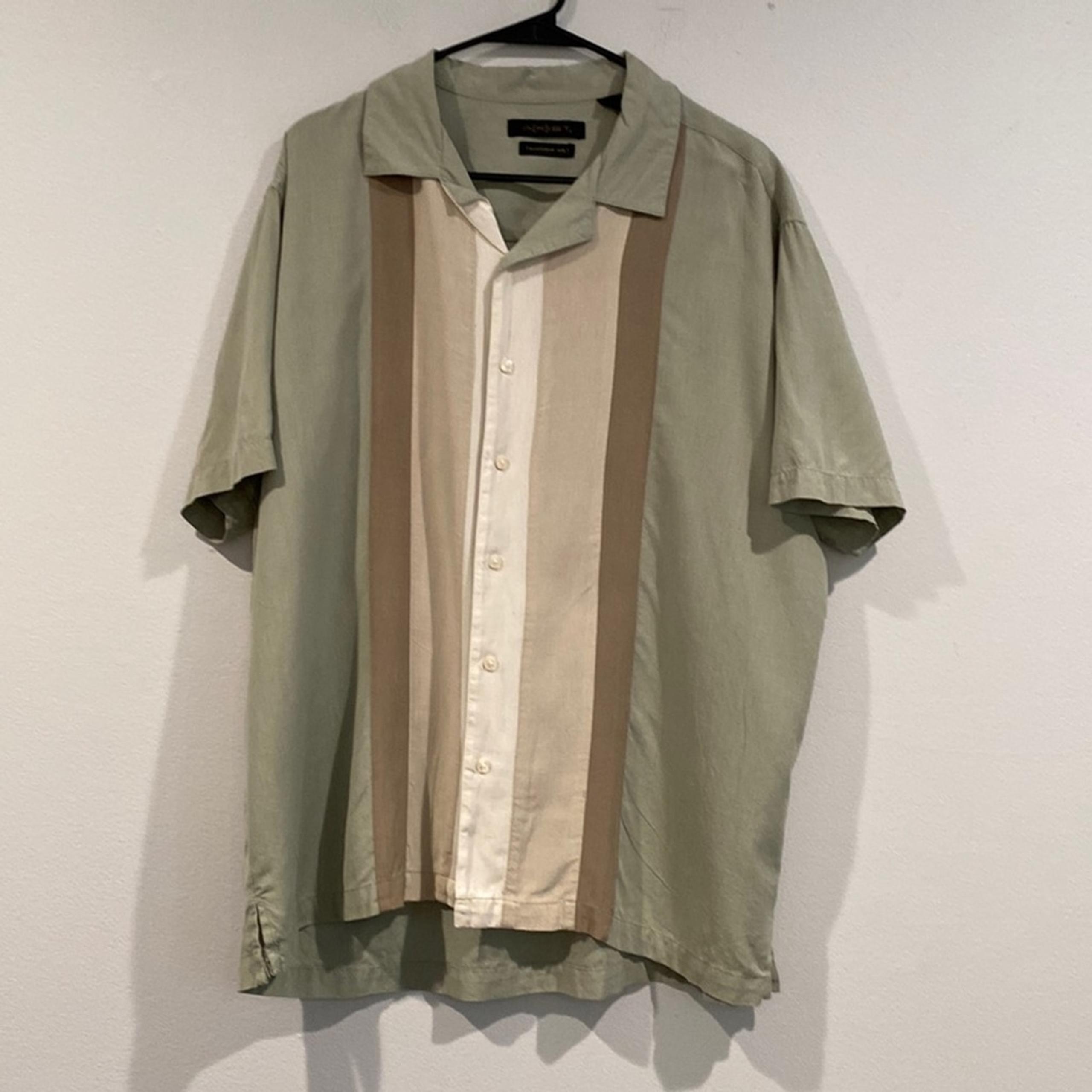 A[X]ist Green, Tan, and Light Brown Silk Casual Button Up Shirt - Size XL
