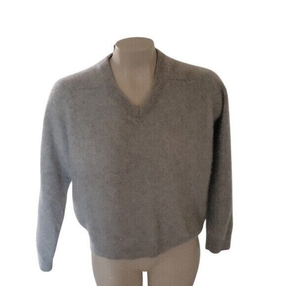 100% CASHMERE Designer Women'sGray V-Neck Sweater Long Sleeves Winter Warm XL