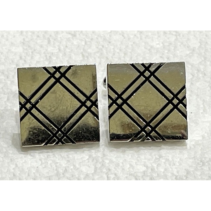 Signed Flex-Let Quality Silvertone MCM  Cufflinks Square Blue Geometric Design