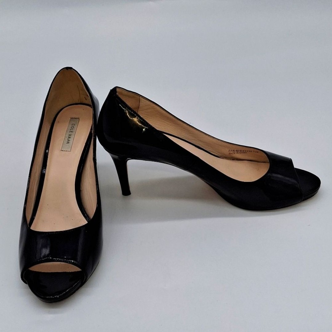 Cole Haan Pumps Womens 7.5 Grand OS Peep Toe Stiletto Heel Patent Leather Black