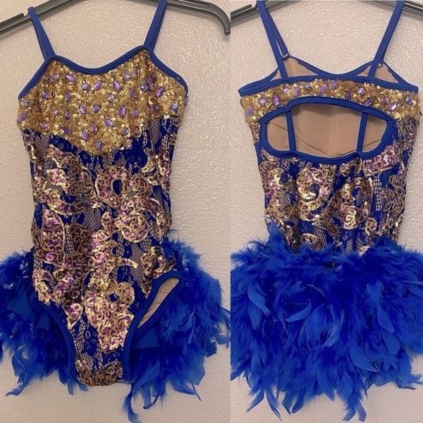 Glamour dance costume solo gold sequin blue feather sassy salsa jazz LC child