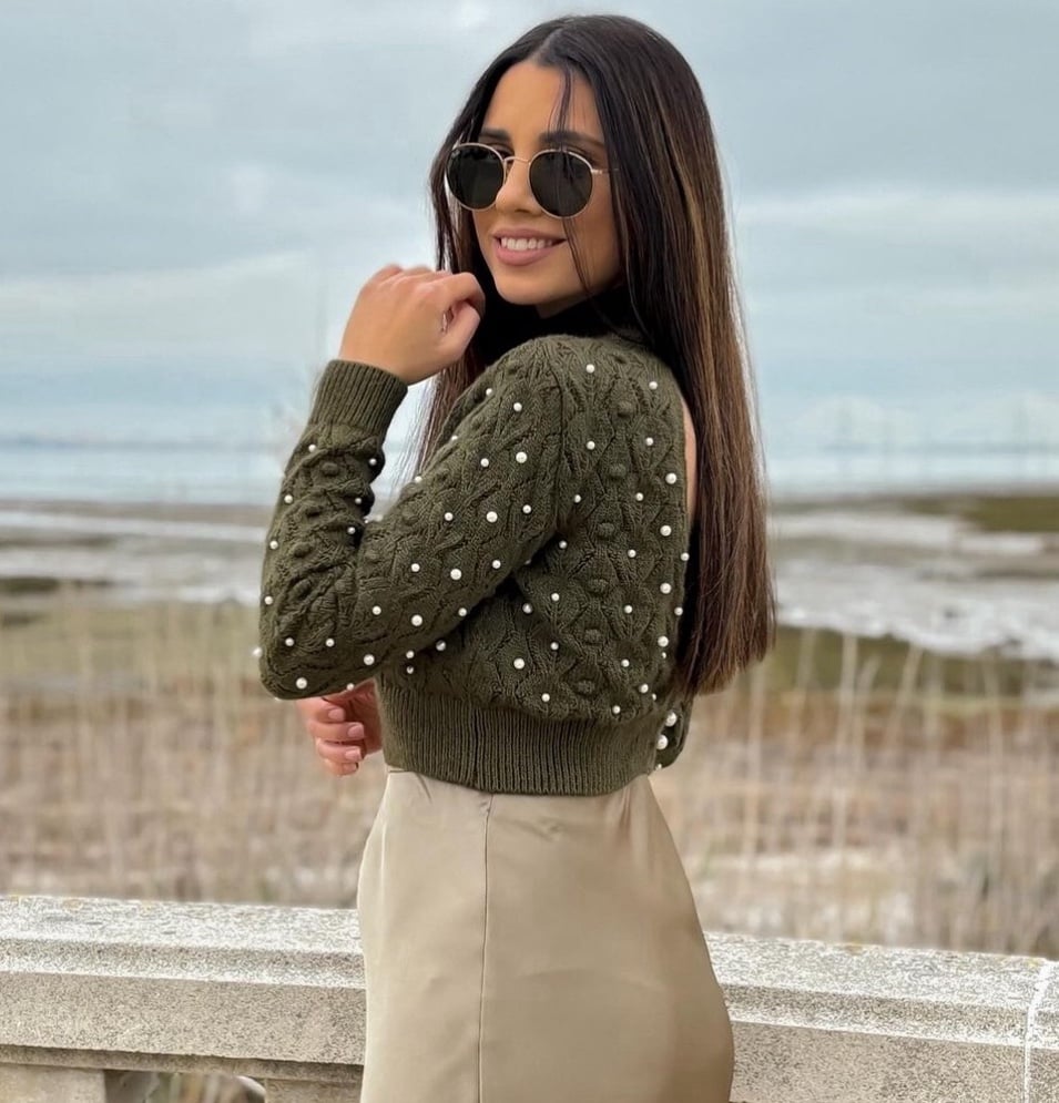 Zara GREEN OPEN BACK KNIT SWEATER WITH PEARLS