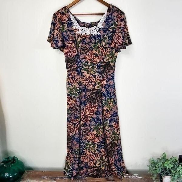 Vintage Joni Blair Large Flutter Sleeve Floral Print Dress Size Medium