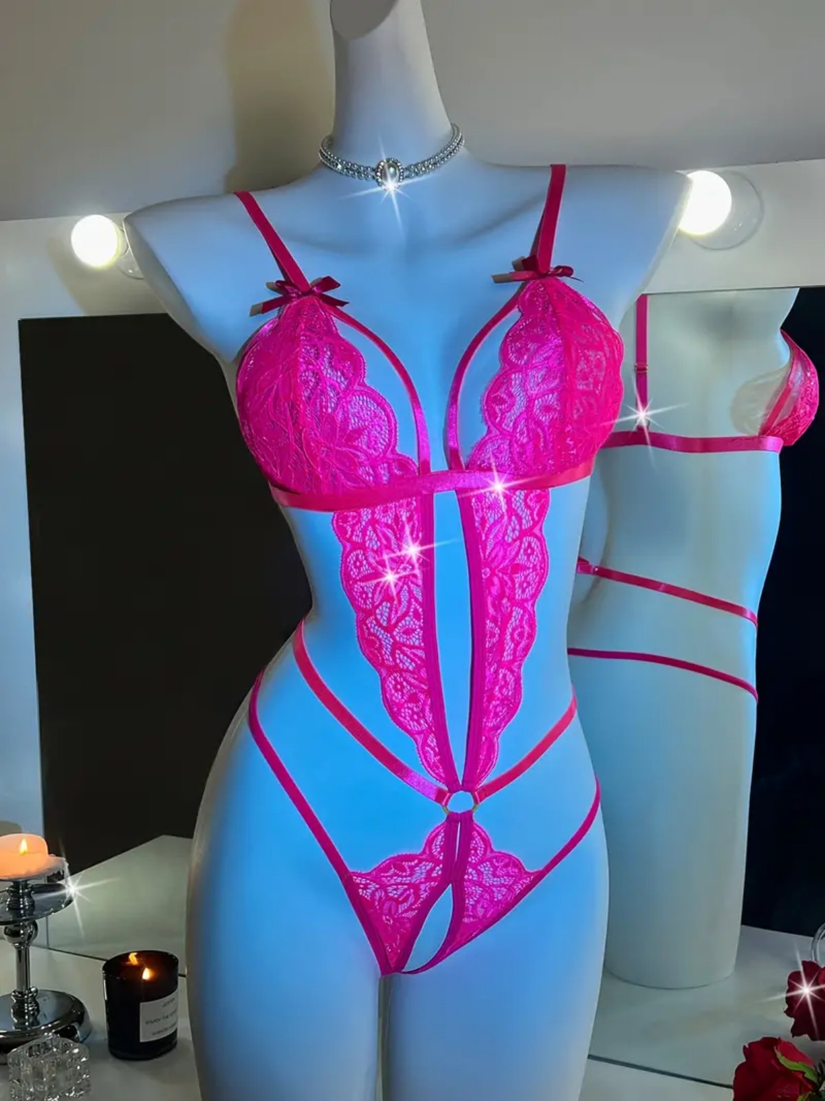 Women's One Piece Sexy Floral Lace Bow Detailed Bodysuit Hollow-Out Crotch