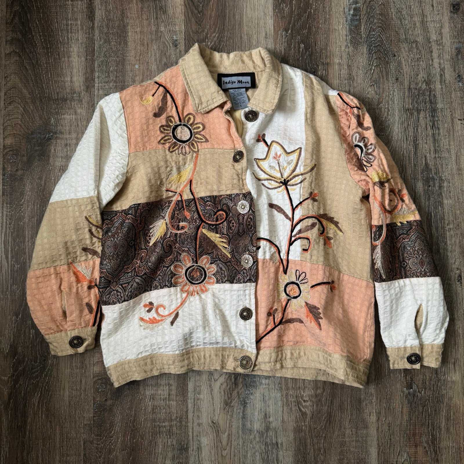 Vintage Indigo Moon Patchwork Embroidered Button-up Jacket