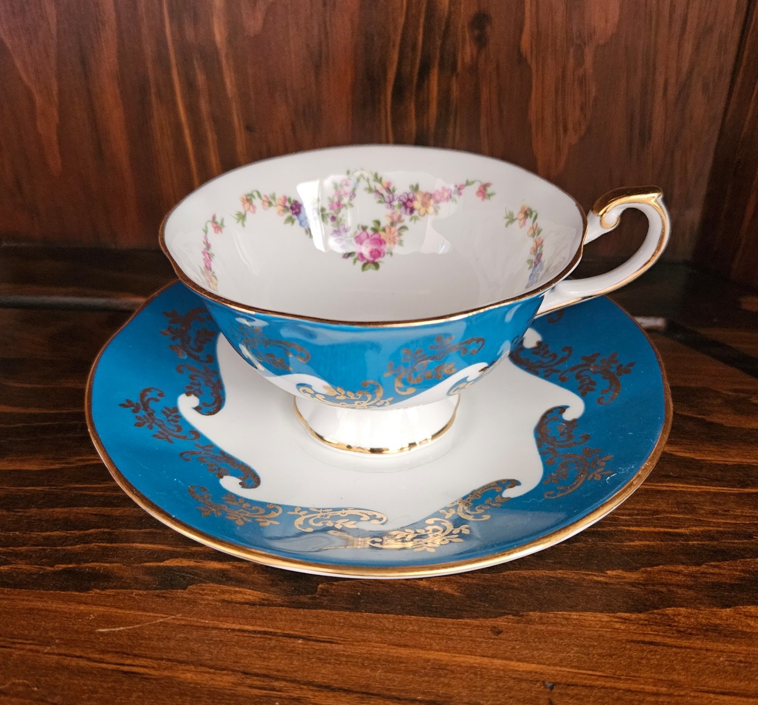 English Bone China Rosina Queens Emperor Teacup and Saucer Set Blue