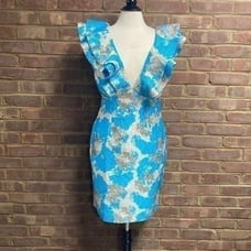 Ruffle Blue & Gold Shimmer Jacquard Plunge V Neck Dress Size Large NEW