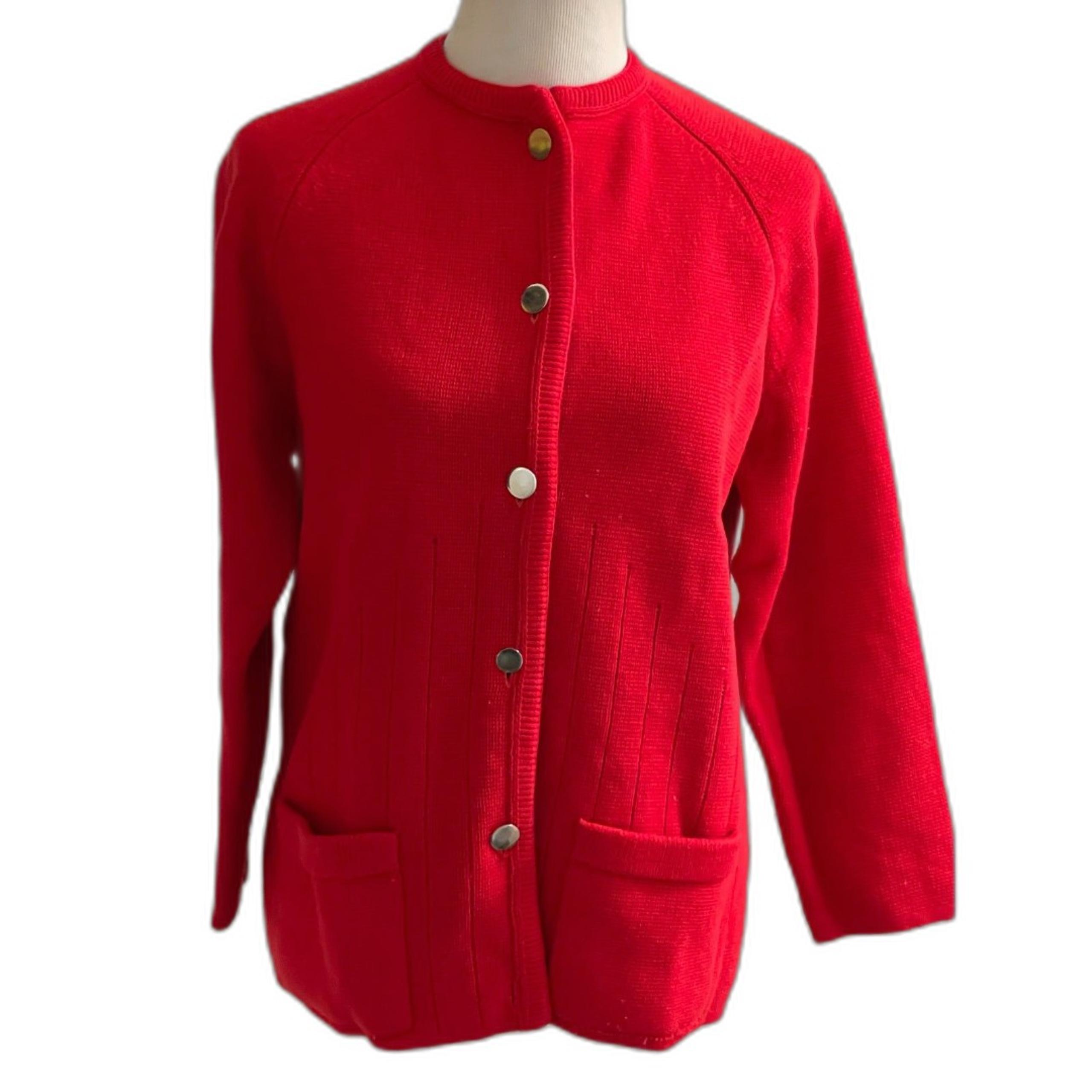 Vintage Heavy Knit Red Cardigan 1970s 80s Silver Button Sweater Top Size M