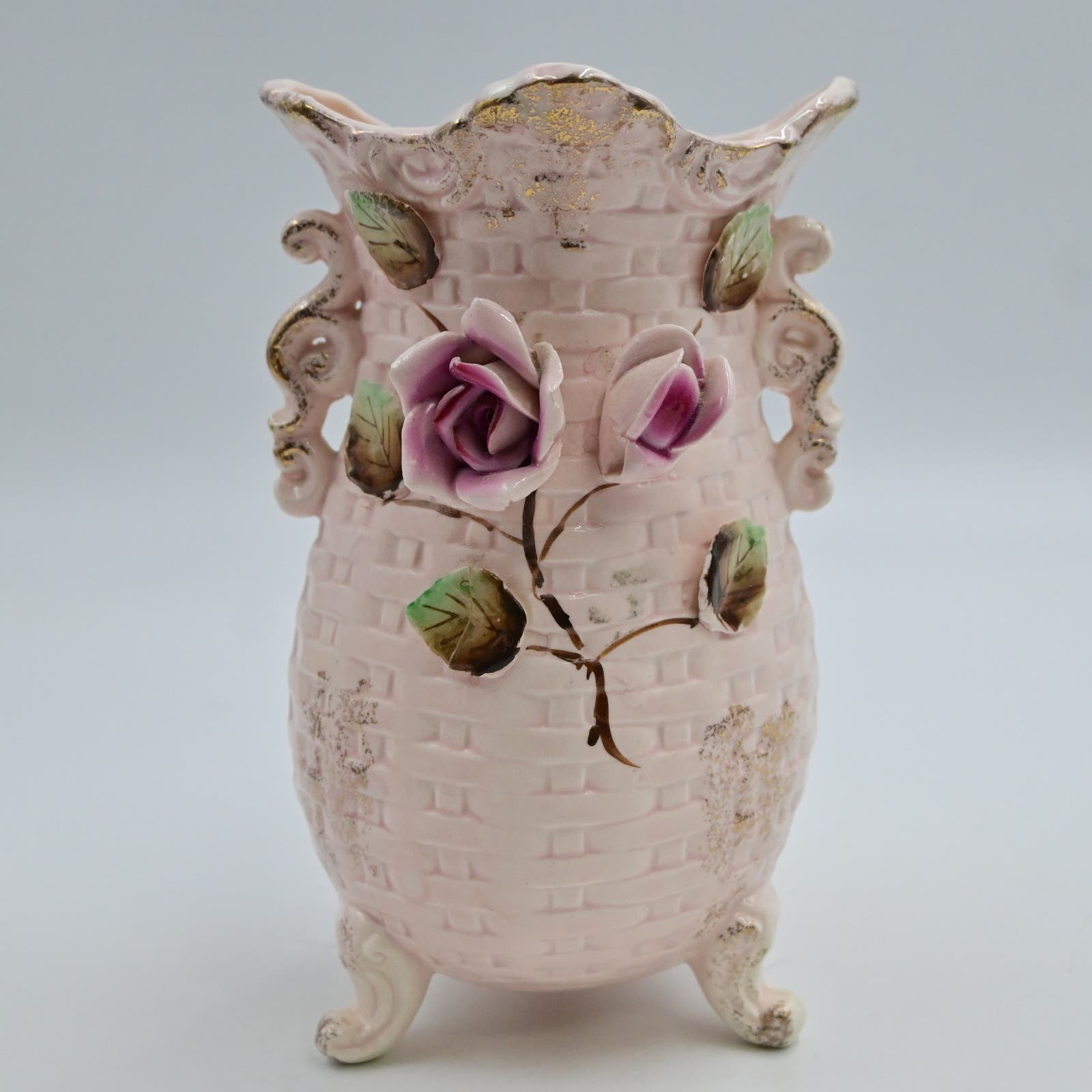 Vintage 3 Footed 3D Pink Rose With Leaves Vase