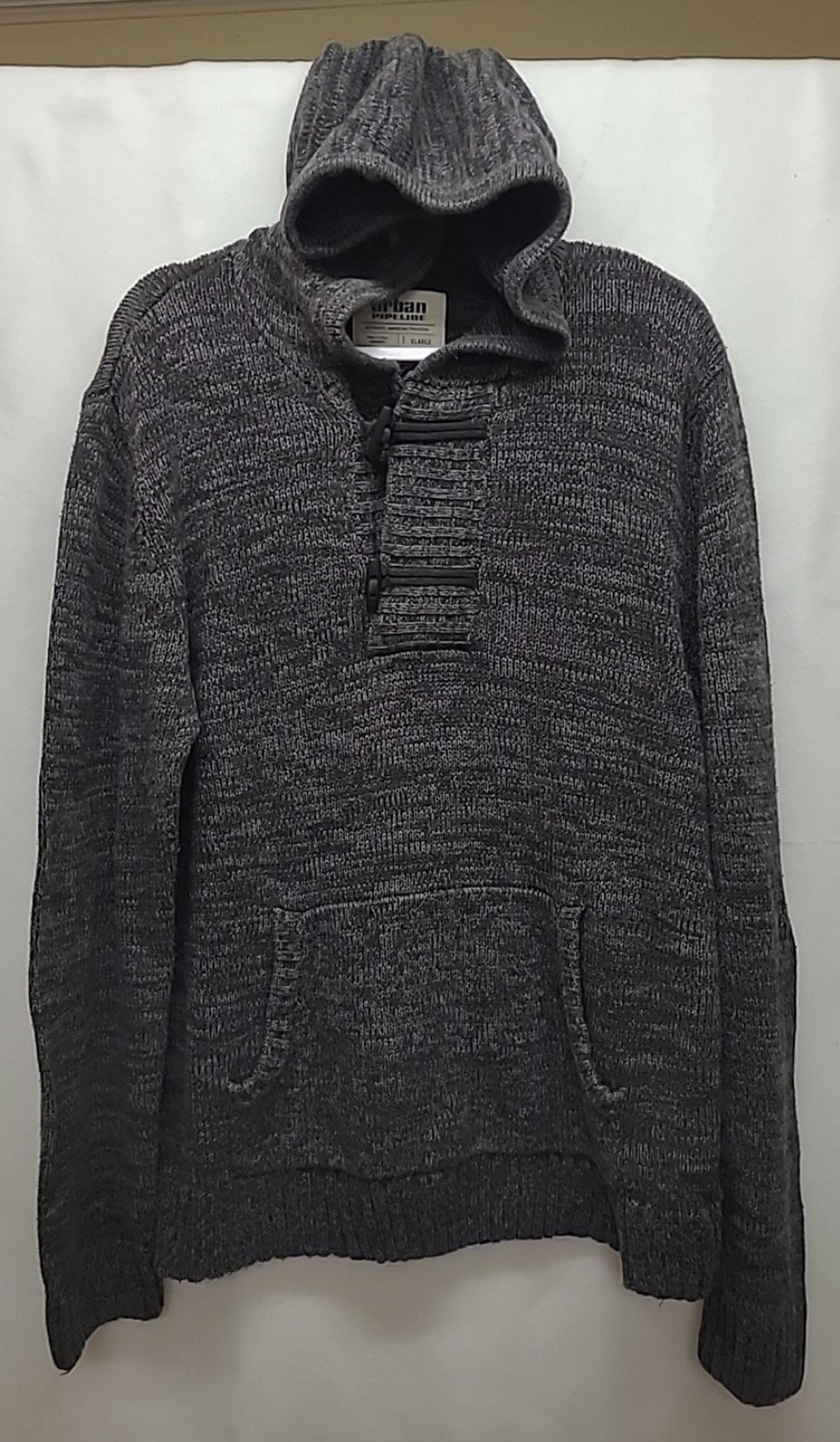 Urban Pipeline Mens Sweater Pullover Hooded Button Collar Grey XL/L