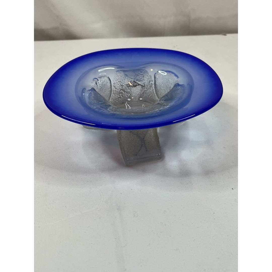 Neal Drobnis 1998 Signed Art Glass Modernist Abstract Brutalist Footed Bowl Dish