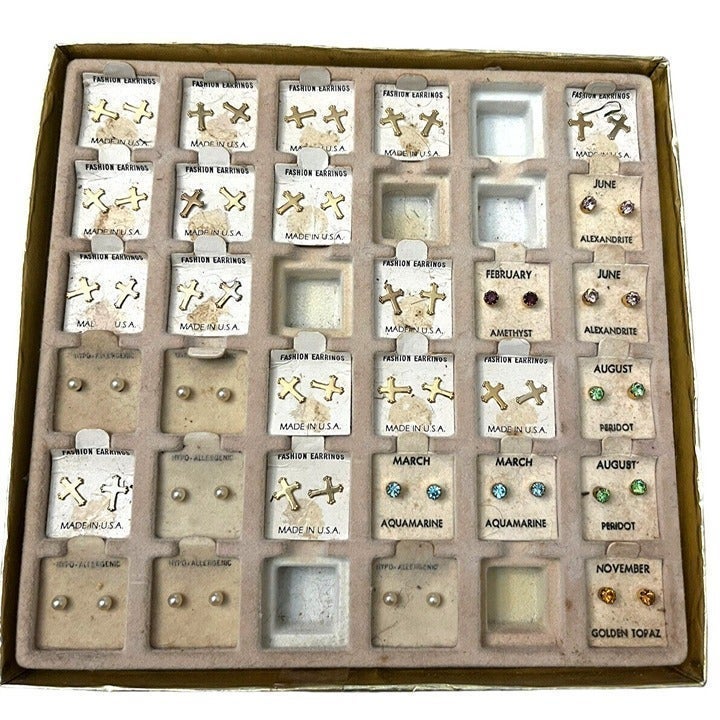 Big Lot Little Girls Pierced Earrings Birthstone Crosses Pearls USA Vtg