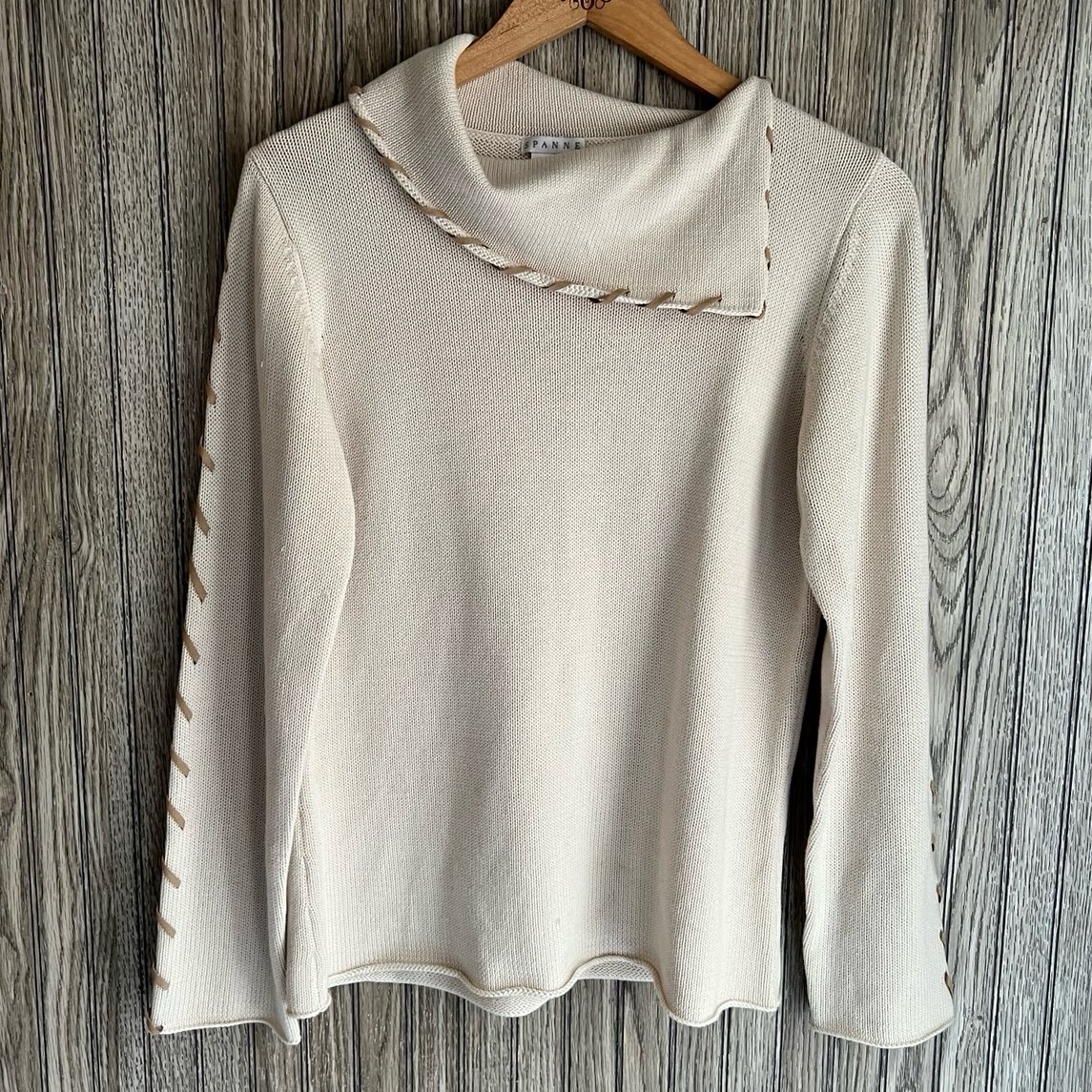 SPANNER Cream Tan Faux Leather Braided Hem Half Turtleneck Sweater Blouse Top